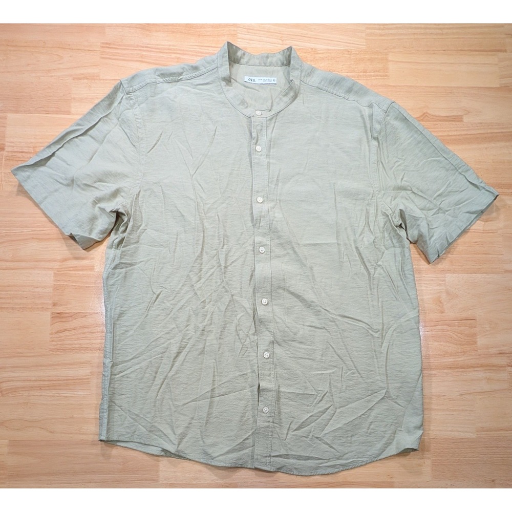 Zara Mens XL Sage Green Band Collar Short Sleeve Textured Button Down Shirt